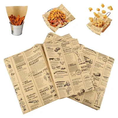Produktbild von 100 Blätter Backpapier Zeitungsoptik, Backpapier Zuschnitte 28 X 38 cm，Butterbrotpapier, Burger Papier, Käsepapier, Ölbeständiges Sicheres Deli Wrap Papier für Sandwiches, Pommes, Kuchen, Brot