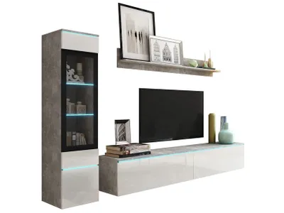 A modern living room wall unit with a display cabinet, TV stand, and shelf.