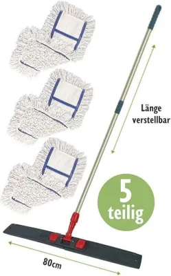 Produktbild von Profi Wischset 5tlg Wischmopp Bodenwischer, Klapphalter Teleskopstiel 3x Baumwollbezug große Flächen 80cm