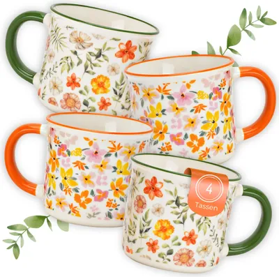 Produktbild von Kaffeetassen Blumen Dekor, 4er Set Kaffeetasse Orange Grün