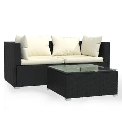 Obrázok produktu pre vidaXL 3-dielna záhradná súprava s vankúšmi Black Poly Rattan
