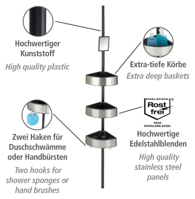 Immagine prodotto di WENKO Angolo doccia telescopico 70-260 cm Mensole per bagno Ripiani in acciaio inox WC Big, nero
