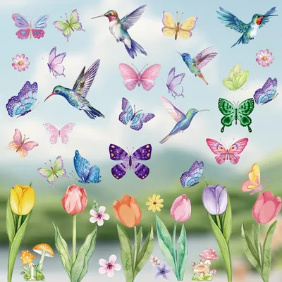 Produktbild von Aquarell Fensterbilder Frühling Sommer,8 Blatt Selbstklebend Fensterbilder Blumen Vogel Schmetterling Wiederverwendbar Fenstersticker Selbstklebend Fenster Aufkleber Deko für Fensterdeko Kinderzimmer