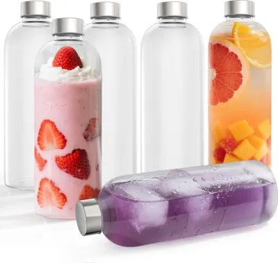 Image de UISEBRT Lot de 6 gourdes en verre de 1000ml avec couvercle en acier inoxydable - anti-fuite, lavable au lave-vaisselle, pour boissons chaudes & froides, eau, jus, smoothie