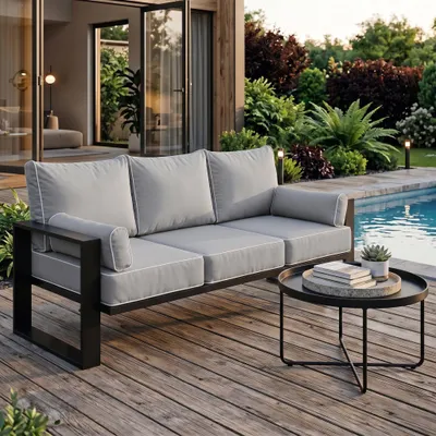 Produktbild von BEAUTYSOFA | VERDINO 3-Sitzer Gartensofa Grau – Garten Lounge Sofa mit Metallrahmen, Outdoor Couch wetterfest, SIMAX 03