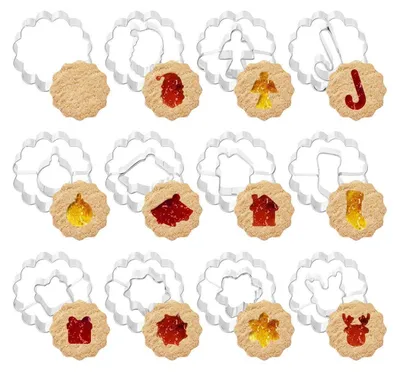 Immagine prodotto di Stampini per biscotti Linzer, set da 12 pezzi, in acciaio inossidabile, ideali per Natale, per preparare biscotti, dolcetti e decorazioni in fondant, diametro 6 cm