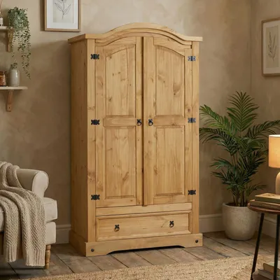 Produktbild von Kleiderschrank SALSA Garderobenschrank Mexiko Möbel Kiefer massiv, gebeizt/gewachst, 2 Türen und 1 Schublade