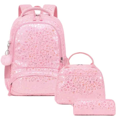 Immagine prodotto di Zaino in peluche per bambini, zaino da scuola per bambine, set da 3 pezzi, scuola elementare, motivo cuore, colore rosa
