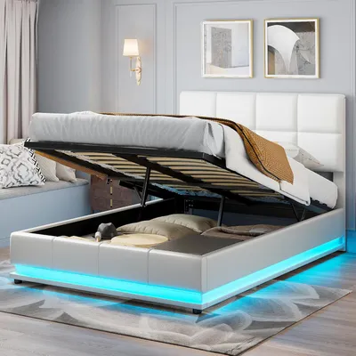 Immagine prodotto di Letto imbottito 140x190cm con illuminazione a LED, letto funzionale idraulico con contenitore, Similcuoio bianca, letto matrimoniale a doghe, senza materasso, comodo letto per ragazzi