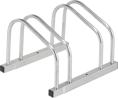 Produktbild von Relaxdays Fahrradständer Boden, für 2 Fahrräder, bis 50 mm Reifenbreite, Metall, Garage, Fahrrad-Aufstellständer, silber