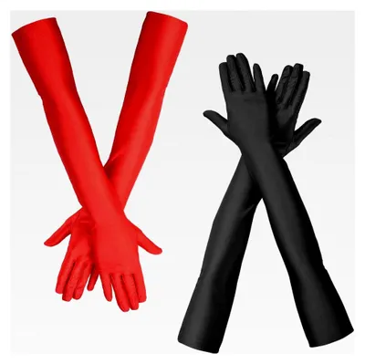 Produktbild von 2 Paar Lange Satinhandschuhe in Schwarz und Rot