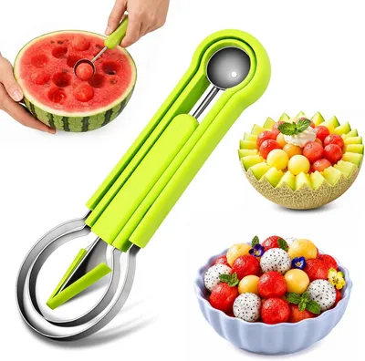Produktbild von 4-in-1 Melonenkugel-Ausstecher-Set, aus Edelstahl, mit verschiedenen Fruchtformen, Wassermelonenausstecher und Obstschnitzwerkzeug, Grün