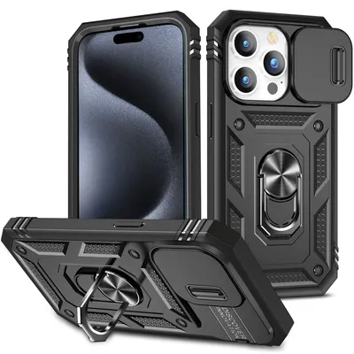 Obrázek produktu pro Pouzdro pro iPhone 15 Pro posuvná ochrana kamery, robustní nárazuvzdorné, s držákem prstenu, stojánkem a držákem na karty černé