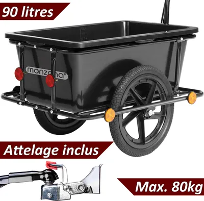Image de MONZANA® Remorque de vélo cuve 90L amovible bâche pratique barre d’attelage rotatif réflecteurs remorque de transport chariot à main max. 80kg