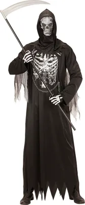 A person wearing a grim reaper costume holding a scythe.