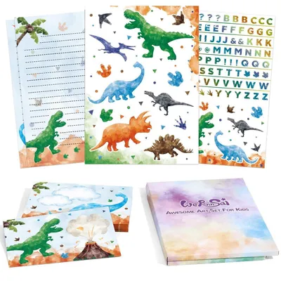 Immagine prodotto di Set di articoli di cancelleria per bambini a tema dinosauri, 72 pezzi, composto da carta da lettere, buste e adesivi