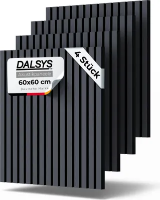 Produktbild von Dalsys 4x Akustikpaneele Holz 60x60cm mit Lamellen Eiche Schwarz - Wandpaneele Holz für Schallschutz in Büro- & Wohnräumen - Akustik Paneele Wand - 3D Wandverkleidung innen - Holzpaneele Wand