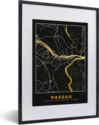 Produktbild von MuchoWow® Gerahmtes Poster Stadtplan - Deutschland - Gold - Passau - Karte 30x40 cm - Poster mit Schwarzem Bilderrahmen Wandposter Rahmen Foto Bilder - Wandposter Schlafzimmer
