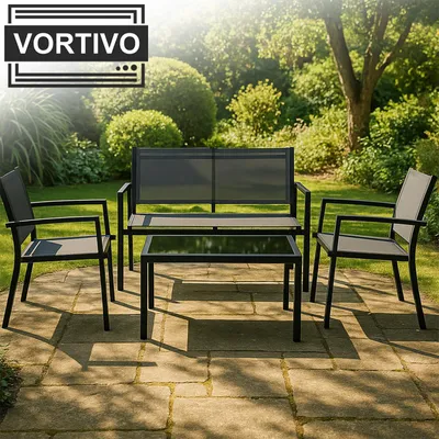 Zdjęcie produktu dla VORTIVO Zestaw wypoczynkowy ogrodowy 4-częściowy – odporny na warunki atmosferyczne, UV i łatwy w pielęgnacji – ze szklanym stołem, 2 fotelami i sofą – idealny na balkon i taras