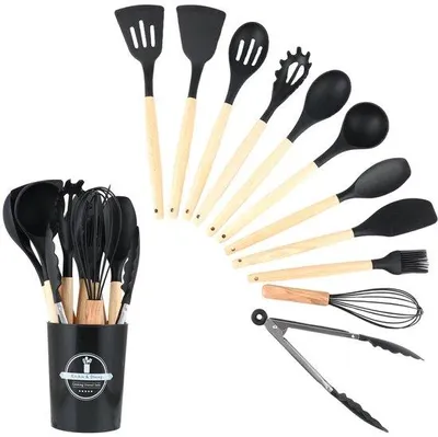 Immagine prodotto di Set da cucina in silicone da 12 pezzi, resistente al calore, antiaderente, lavabile in lavastoviglie, ergonomico, nero