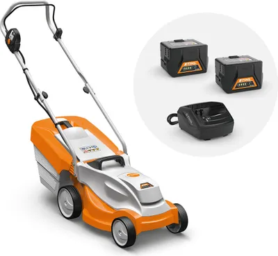 A cordless lawnmower with two batteries and a charger, presented on a white background.