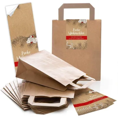 Produktbild von 100 braune natur Kraftpapier Papiertüte Geschenk-Tasche mit Henkel Boden 18 x 8 x 22 cm + 100 Aufkleber FROHE WEIHNACHTEN DANKE KUNDEN MISTELN weiß rot schwarz beige Geschenk Verpackung bioMistelzweige rot braun weiß / 100 Stück
