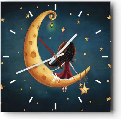 Produktbild von Wanduhr - Quadrat - Glasuhr - Kinder Mädchen Mond - 40x40cm - Schleichendes Uhrwerk - Lautlos - zum Aufhängen bereit - Dekoration Modern - Wanddekoration aus Glas - C3AC40x40-4683