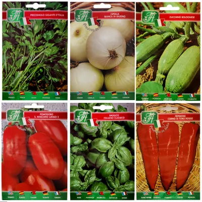 Obrázok produktu pre Talianska kuchyňa, balenie semien - 6 odrôd - šťavnaté paradajky, talianska bazalka, špicatá paprika, šťavnatá cuketa, biela cibuľa, veľká petržlenová vňať