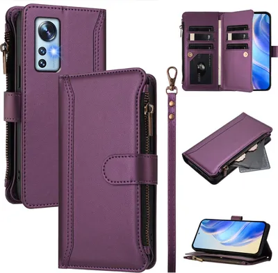 Image de Etui pour Xiaomi 12/12X/12S, étui portefeuille zippé en cuirPolyuréthaneavec pochettes pour cartes, support et dragonne Violet