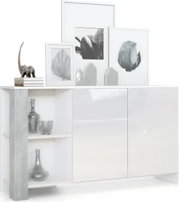 Produktbild von Vladon Sideboard Canto,  Germany, lange Anrichte mit 2 Türen und 6 Fächern, Korpus Weiß matt, Fronten Weiß Hochglanz, Nachbildung-Paneele Beton Oxid Optik (143 x 81 x 36 cm)