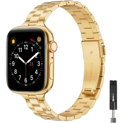 Produktbild von FFO2World elegantes, dünnes Edelstahlarmband für Apple Watch 38–42/41/40 mm, kompatibel mit allen Serien, schlank, Gold