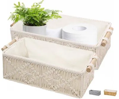Image de Paniers de rangement en tissu - Style bohème - Lot de 2 - Blanc - Coton