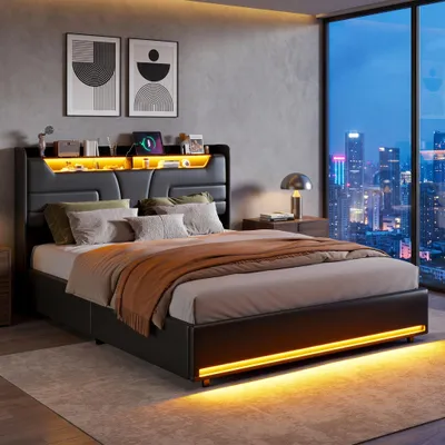 Produktbild von INONEFT Polsterbett 140x200cm mit Stauraum, Jugendbett Doppelbett mit USB Ladefunktion und LED, Hydraulisch Stauraumbett mit Lattenrost, PU, Schwarz