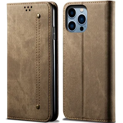 Obrázek produktu pro Pouzdro pro iPhone 15 Pro, Kožené Peněženkové Pouzdro s Magnetickým Uzavíráním a Stojánkem Khaki