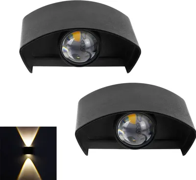 Image de Lot de 2 appliques murales d'intérieur et d'extérieur « Up & Down » en aluminium, spots muraux modernes orientables vers le haut et vers le bas, 2 W, IP65, pour couloir et jardin, noir, blanc chaud