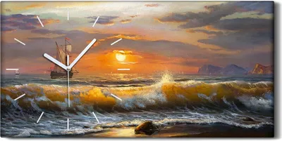 Produktbild von Wanduhr Bürouhr Leinwand Bild 60x30 Gemälde Küste Ozean Meer Sonnenuntergang - weiße Hände