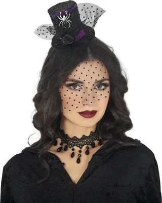Produktbild von Halloween Minihut Haarreif Mit Schleier Dunkelromantischer Kopfschmuck Spinnenmotiv Zylinder Fantasie Accessoire Gruselige Atmosphäre Geheimnisvolle Eleganz, Farbe: Schwarz