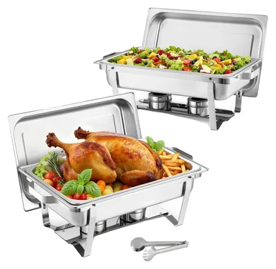 Image de VEVOR Set de chafing dish rectangulaire 8,5 L Chauffe-plats (2 pièces) Récipient chauffant pour buffet avec poignée & 1 pince à aliments & couvercle & support de combustible, adapté aux banquets Fête Mariage Argent