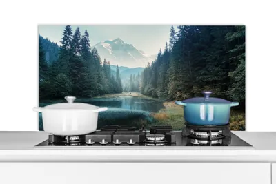 Obrázok produktu pre MuchoWow® Splashback Kuchyňa - Kuchynský backsplash - Ochrana steny pre sporák a drez Les - tráva - hory - stromy - príroda 100x50cm Alu-Dibond