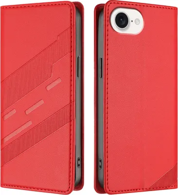 Produktbild von Hülle für iPhone 16e/iPhone 17e, Kunstleder Brieftaschen Handyhülle mit Kartenfach und Standfunktion Rot