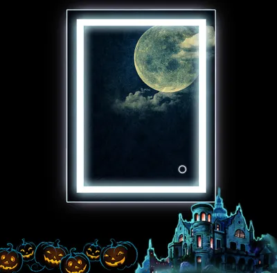 A Halloween-themed image featuring a lighted mirror reflecting a full moon and clouds, with carved pumpkins and a spooky castle at the bottom.