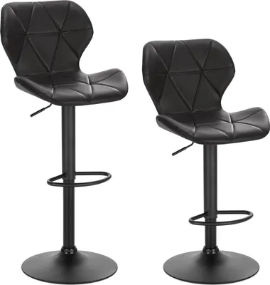 Two black bar stools are shown against a white background.