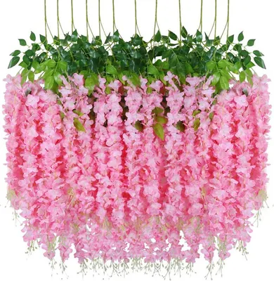 Image de Glycine Fleur artificielle Bushy Silk Vine Guirlande suspendue pour mariage Jardin Extérieur Vert Bureau Décoration murale, Rose