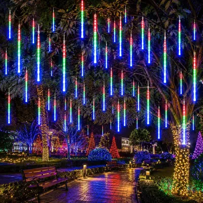 Produktbild von Meteorschauer Regen Lichterkette 8 Röhren Schneefall Lichter Weihnachtsbeleuchtung Deko für Weihnachten Halloween Hochzeit, Bunt, 30CM 192LEDs