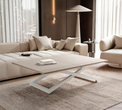 Image de Table basse extensible ARIA, avec réglage de la hauteur, table pour salon, table multifonctionnelle – Blanc / Cachemire