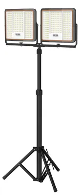 Obrázek produktu pro UISEBRT LED akumulátorový stavební reflektor 2x200W s černým stativem, IP66, stmívatelný, nabíjení USB-C, dálkové ovládání pro staveniště, dílnu a zahradu