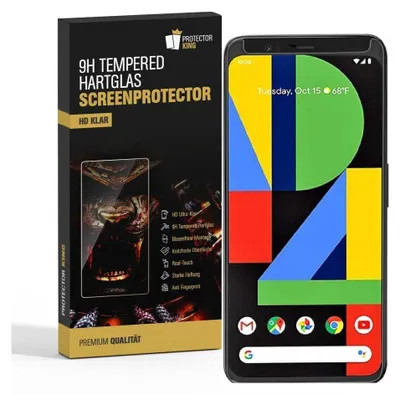 A product box for a screen protector is shown next to a smartphone displaying a colorful wallpaper.