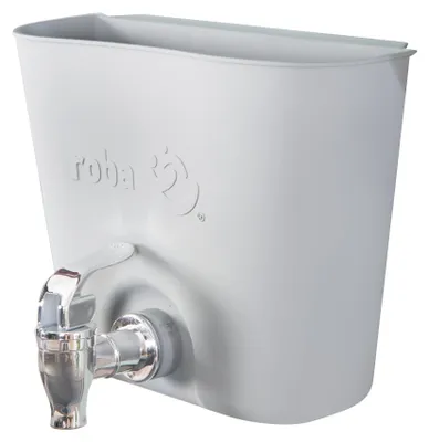 Produktbild von roba Wasserbehälter für Matschküchen & Wassertische - Robuster Kunststoffbehälter mit Wasserhahn - Zubehör für Outdoor-Kinderküchen - Einhängbar bis 18 mm Brettdicke - Wetterfest - Grau