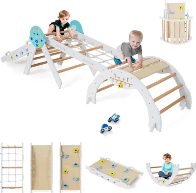 Produktbild von GOPLUS Klettergerüst, 4er Set Kletterspielzeug mit Kletternetz, Kletterbogen, Wippe & Leiter, inkl. Baustein Set, Kletterdreieck für Kinder, Astronaut