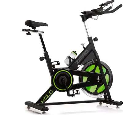 A black and green indoor cycling bike against a white background.